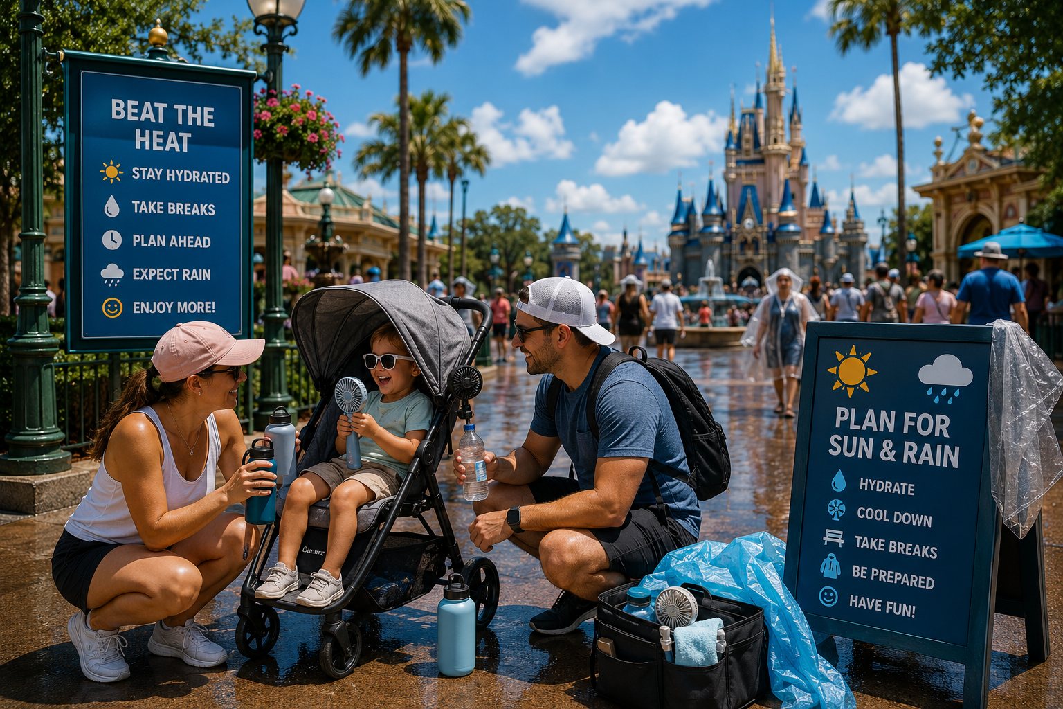 Family with a stroller staying cool on a hot day at an Orlando theme park