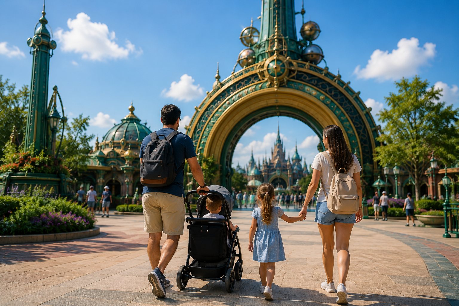 Family walking through a theme park entrance with a stroller in Orlando