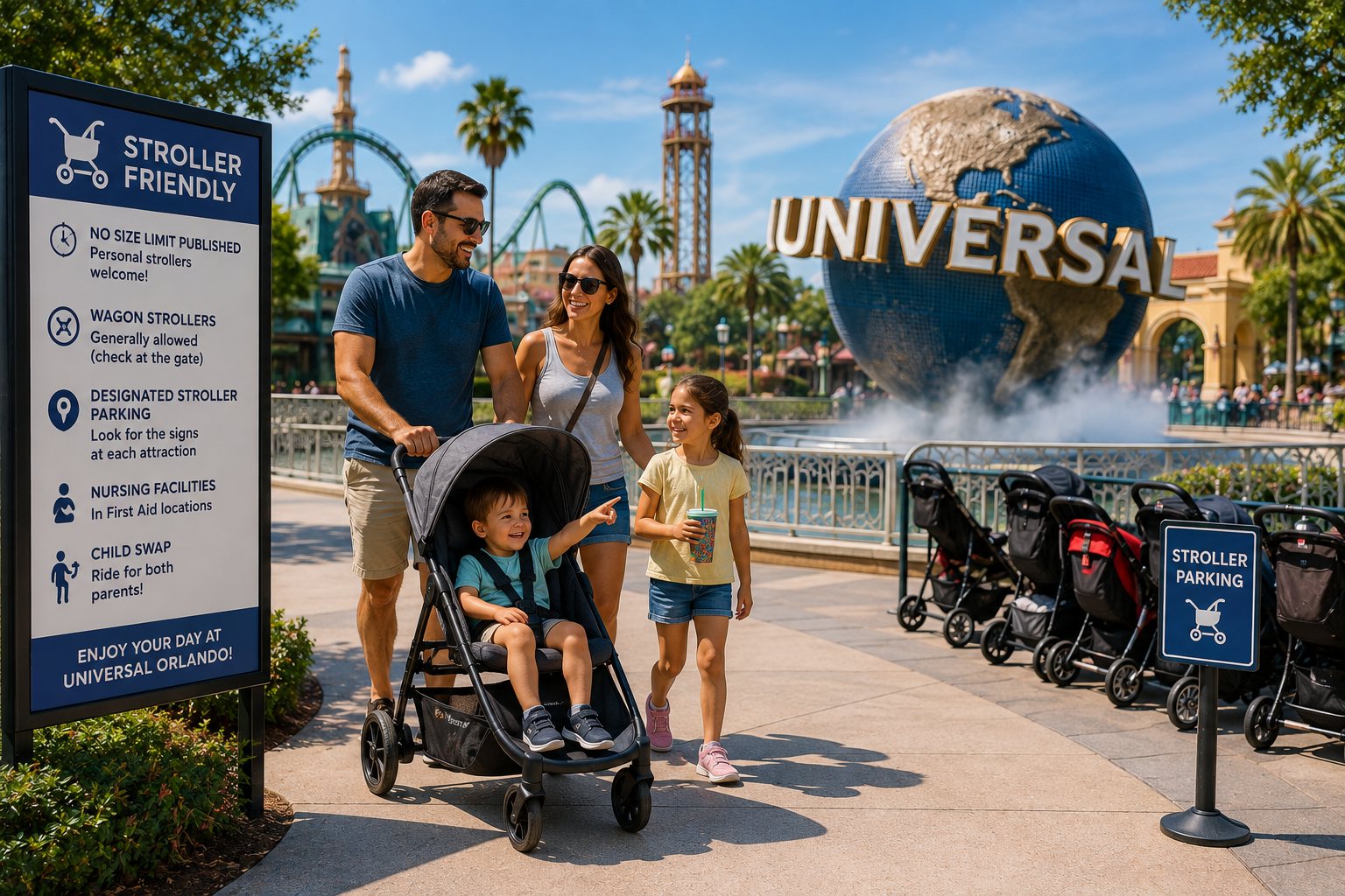 Family with a stroller beside designated stroller parking at a theme park in Orlando